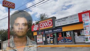 Aspecto de una tienda Oxxo en Puebla junto a una fotografía de 'El Mencho'.