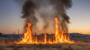 Se observa un terreno baldío con llamas de fuego.