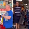 Dos hombres extranjeros saliendo de un Oxxo con bolsas negras con productos robados durante disturbios en Puerto Vallarta