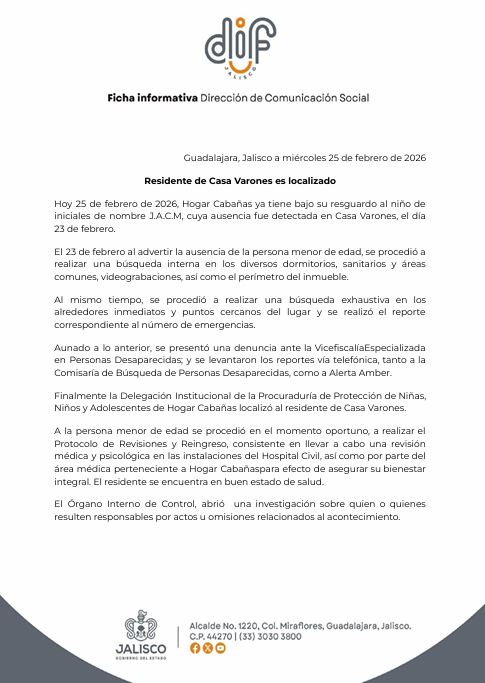 Comunicado oficial del DIF Jalisco donde informan sobre la localización de un menor desaparecido en Hogar Cabañas