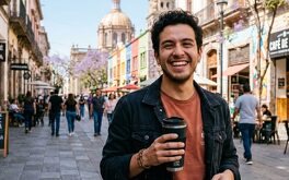 Joven con café en la mano en una calle de Jalisco durante el día | Generado con IA