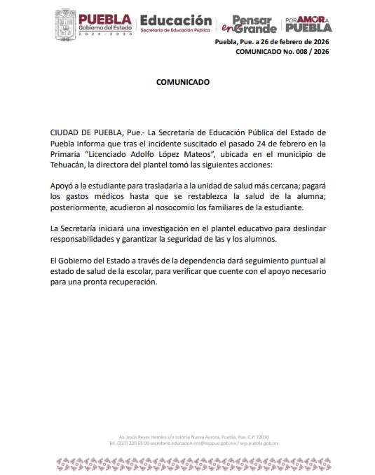 Comunicado de la SEP Puebla informando acciones contra caso de una niña quemada en Tehuacán.
