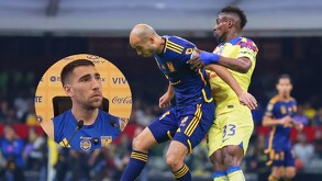 Guido Pizarro ante Julián Quiñones en la final de Tigres vs América en el Apertura 2023.