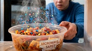 Mujer calentando comida en el microondas