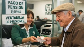 Adulto mayor sonriendo mientras recibe el pago de la pensión del IMSS a través de una ventanilla con una mujer haciendo la entrega de los billetes
