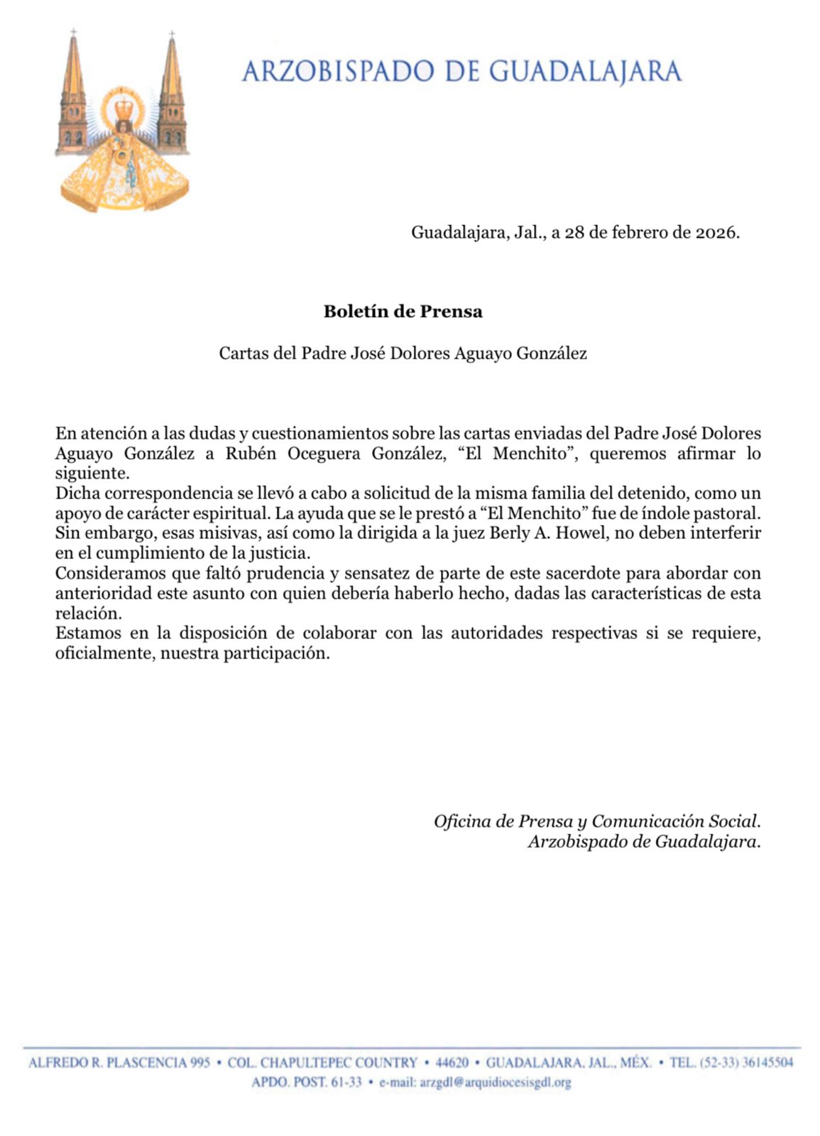 Luego de que se revelaran unas cartas escritas por un sacerdote de Guadalajara en favor de El Menchito, la Arquidiócesis respondió al respecto.