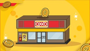 La ilustración de una tienda Oxxo con un fondo de color amarillo y alginas monedas a su alrededor