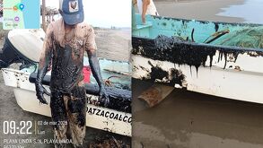 Hombre cubierto con chapopote y un barco manchado con sustancia negra.