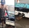 Hombre cubierto con chapopote y un barco manchado con sustancia negra.