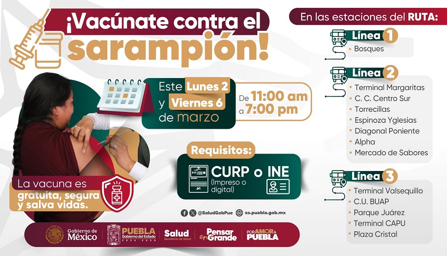 Infografía de vacunación gratuita en estaciones de RUTA en Puebla.