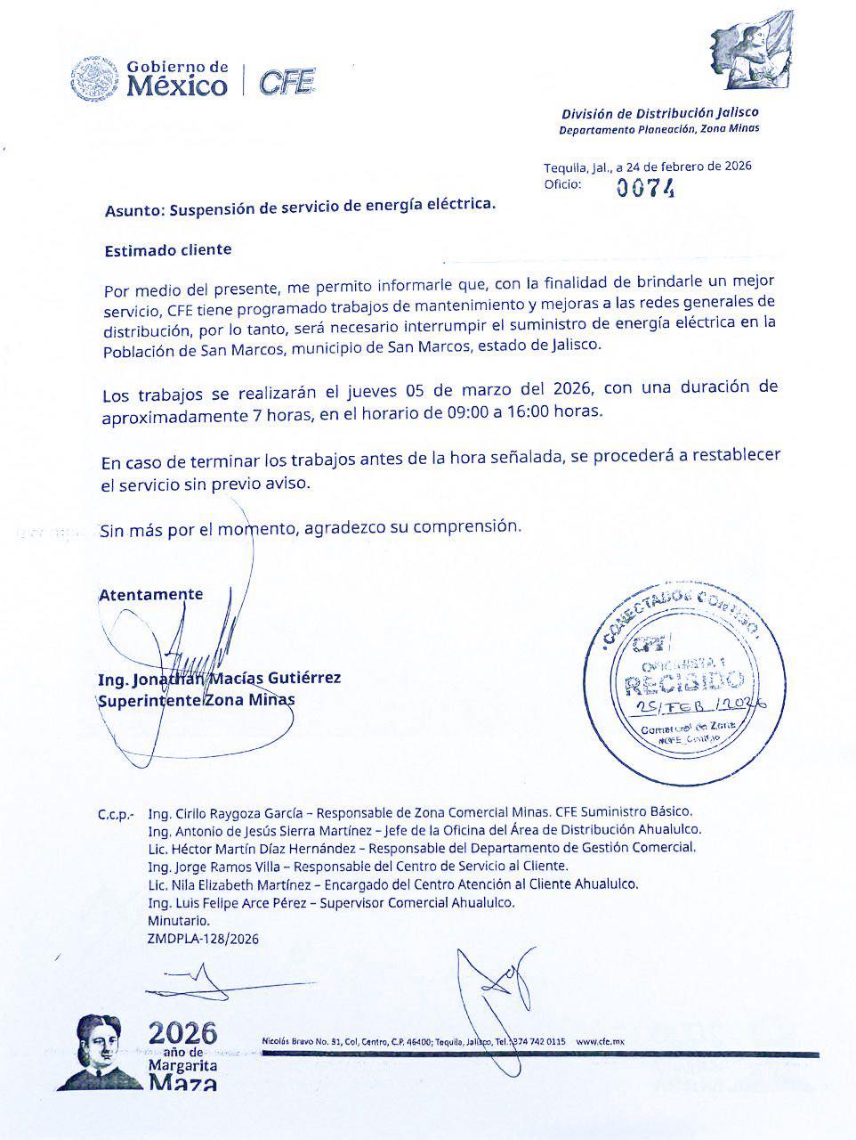 La CFE de electricidad planea cortes de luz en Jalisco, programados para este 5 de marzo de 2026.