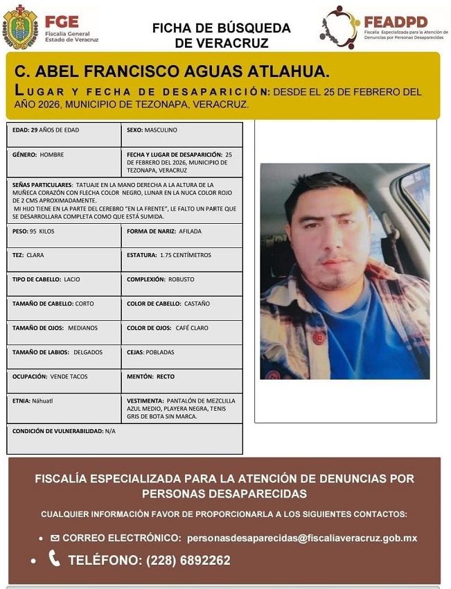 Ficha de búsqueda de un hombre reportado como desaparecido en Tezonapa, Veracruz.