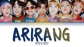 Todos los integrantes del grupo surcoreano BTS con el logotipo de su nuevo álbum, Arirang