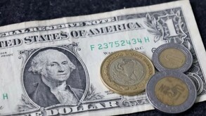 Dólar estadounidense y monedas mexicanas.