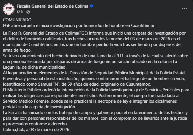 Comunicado oficial de la Fiscalía de Colima a través de su cuenta de Facebook donde habla acerca de un homicidio en Cuauhtémoc