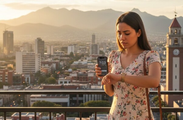 Mujer viendo su reloj por cambio de horario en Nuevo León.