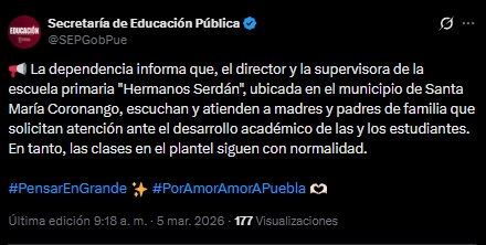 Publicación de la SEP en Puebla hecha en su cuenta de X, hablando sobre un caso escolar en una primaria de Coronango.