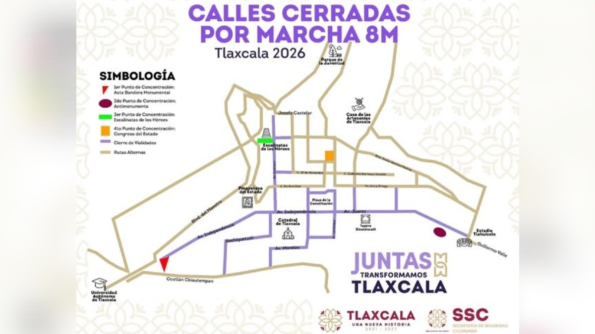 mapa de calles cerradas por la marcha del 8m en tlaxcala