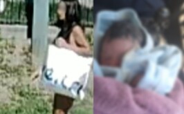 Bebé recién nacido e imagen del video de la madre abandonándolo.