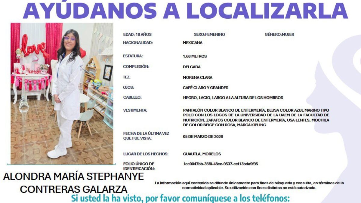 Alondra María Stephanye Contreras Galarza alumna UAEM desaparecida en Cuernavaca, Morelos
