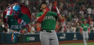 Momento exacto de la celebración del Ignacio Álvarez en el home run con México en el Mundial de Beisbol.