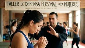 Se observa a una mujer de perfil y con una trenza, a lado se ve a un hombre, al fondo unas letras que dicen Taller de defensa personal para mujeres.