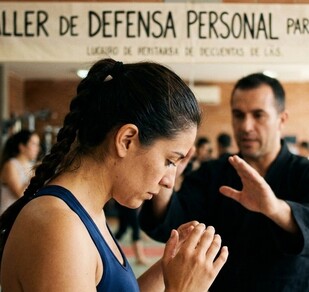 Se observa a una mujer de perfil y con una trenza, a lado se ve a un hombre, al fondo unas letras que dicen Taller de defensa personal para mujeres.