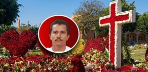 La tumba de Nemesio Oseguera Cervantes en el panteón Recinto de la Paz está rodeada de arreglos florales rojos y blancos.