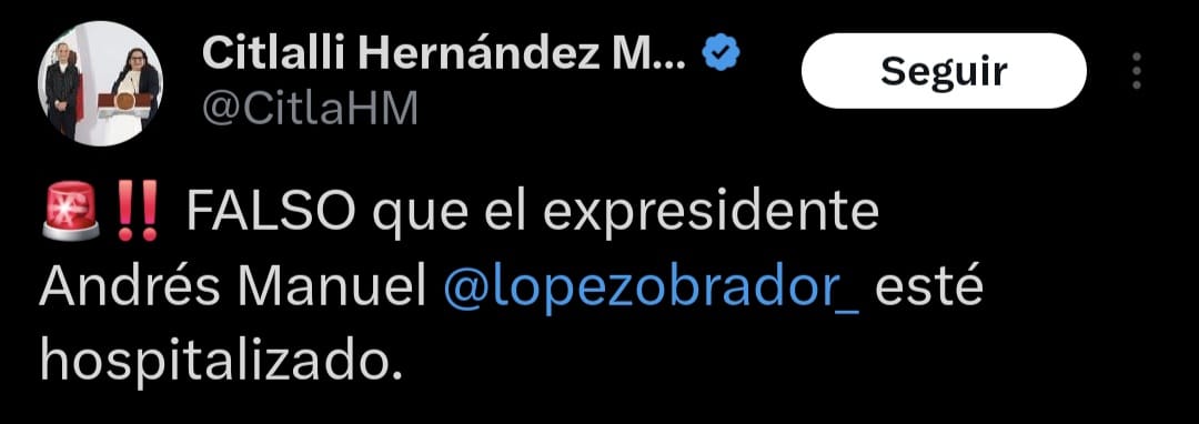 Publicación de Citlali Hernández desmiente la hospitalización de AMLO