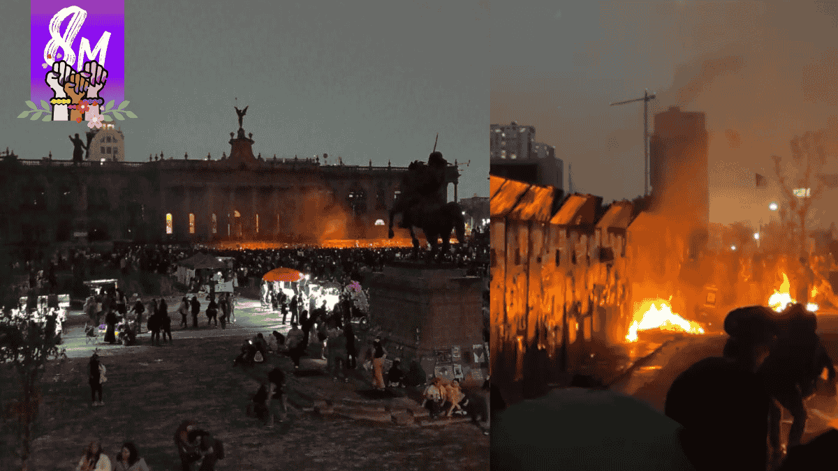 En protesta las feministas prenden fuego a muro en Palacio de Gobierno