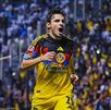 Raphael Veiga festejando su primer gol con el América.