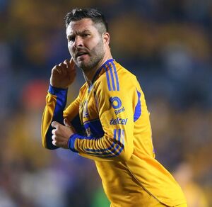 André-Pierre Gignac festejando su gol en el Clásico Regio 142.