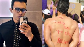 Fotografía de un hombre de lentes y camisa negra junto a fotografía de un hombres sin playera y con un mensaje escrito en la espalda.