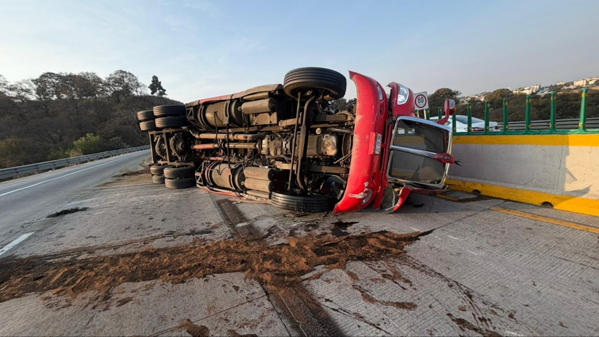 Un tráiler sin frenos volcó en el kilómetro 42 de la autopista México-Puebla dejando 10 becerros muertos y caos vial hacia la Ciudad de México.