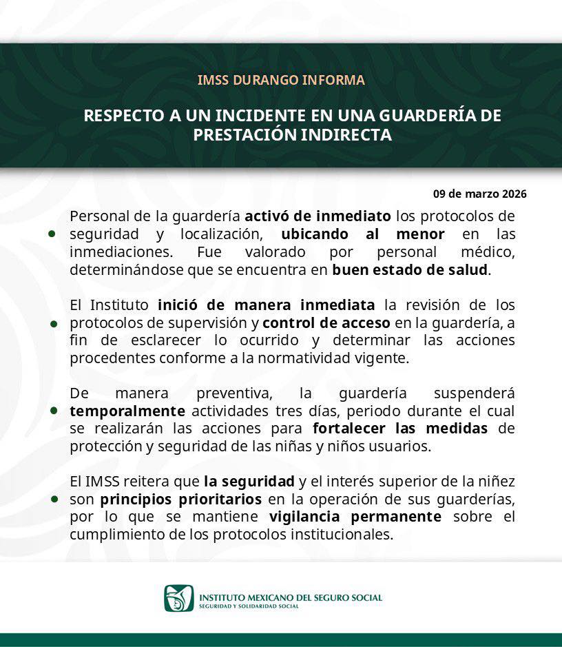 Un menor fue encontrado fuera de una guardería del IMSS en Durango; el centro fue suspendido tres días para reforzar seguridad.