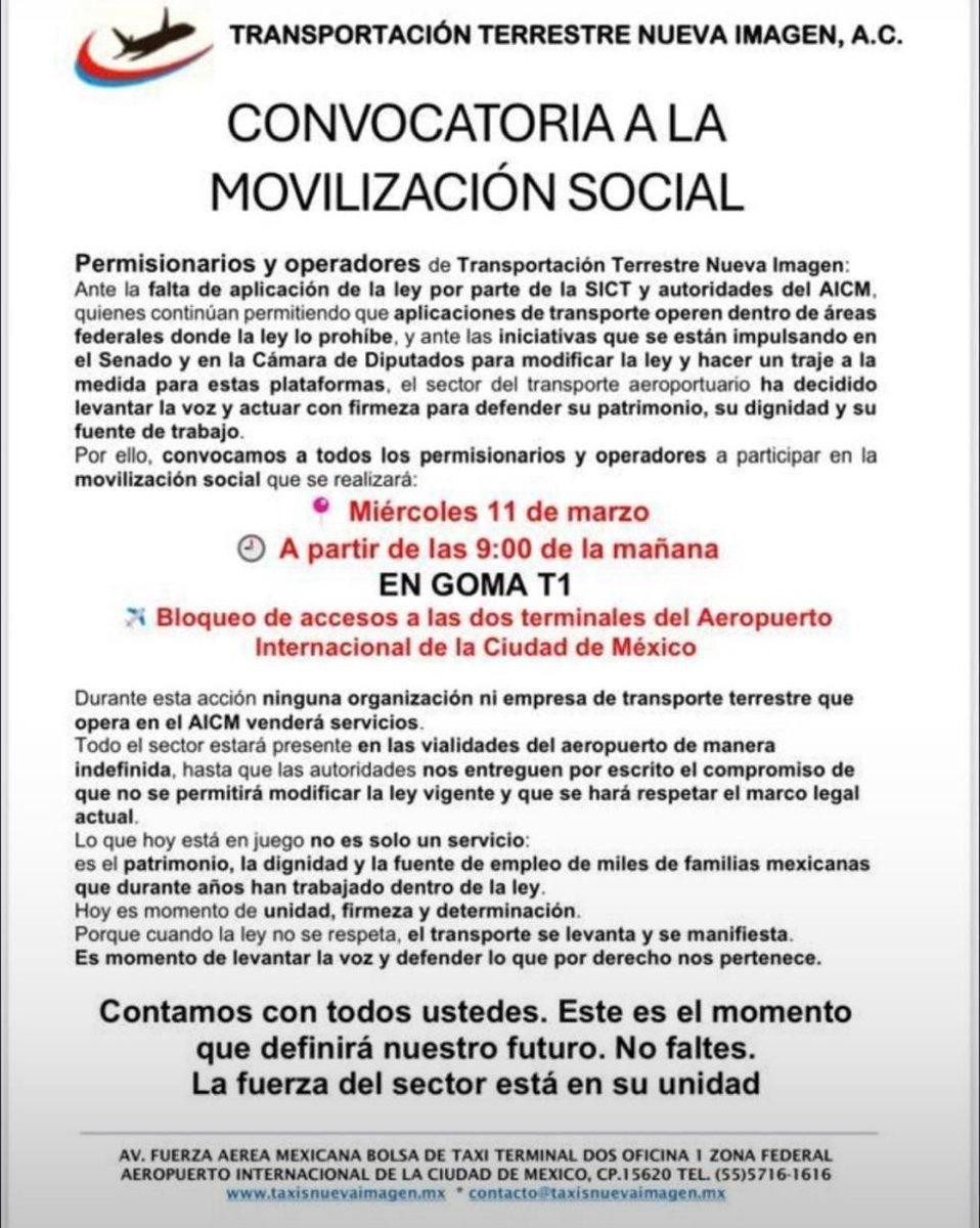 Comunicado de taxistas donde anuncian bloqueos en el AICM para el miércoles 11 de marzo del 2026.
