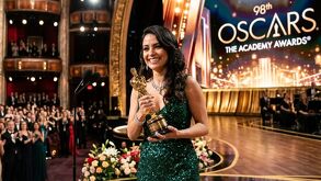 Mujer recibiendo premio Oscar, foto generada con Inteligencia Artificial.