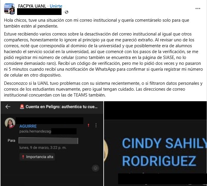 Recorte de Facebook de posible víctima de hackeo en la UANL.