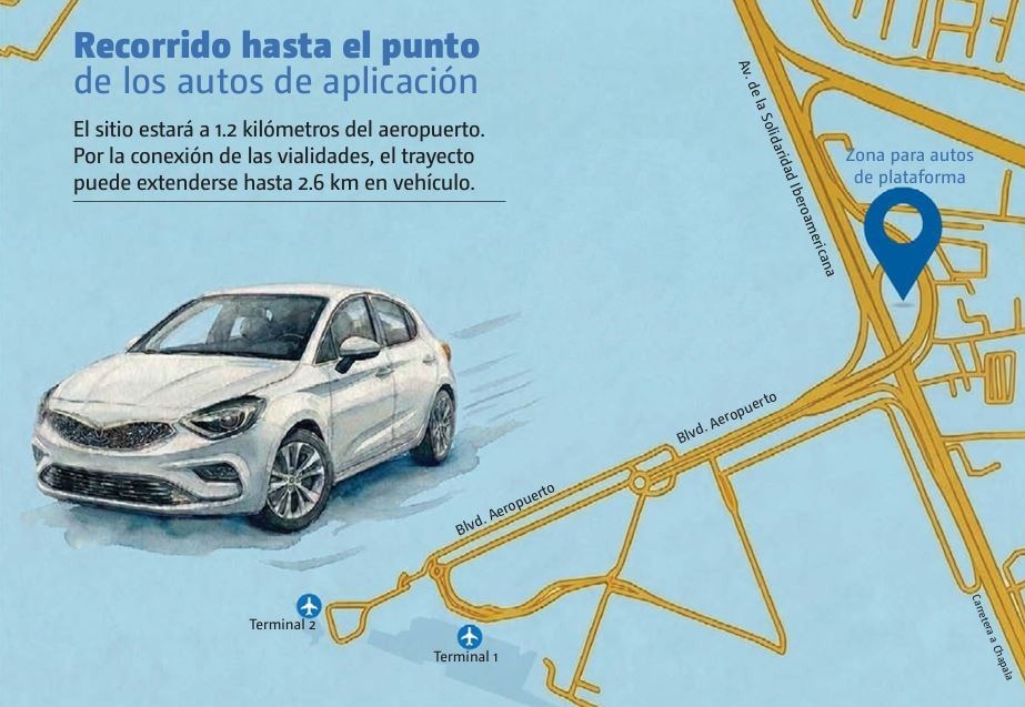 Infografía de la ubicación del predio donde tomar taxis de aplicación fuera del Aeropuerto de Guadalajara con un mapa y dibujo de un automóvil