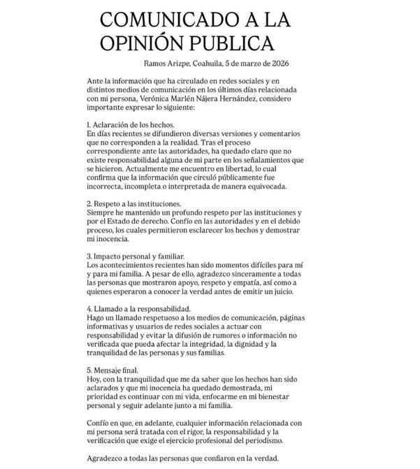 En el comunicado, Verónica expresó su respeto por las instituciones, el estado de derecho y el debido proceso que le permitieron demostrar su inocencia.