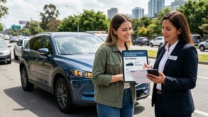 Se observa a dos mujeres que están con unos papeles en la mano, atrás hay automóviles.