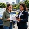 Se observa a dos mujeres que están con unos papeles en la mano, atrás hay automóviles.