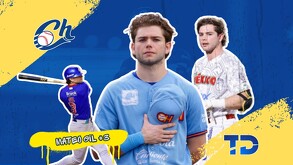 Un gráfico de Mateo Gil con los Charros de Jalisco, mostrándolo al bate, en pose oficial con la gorra al pecho y en primer plano con el uniforme.