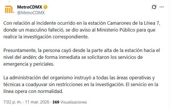 Comunicado Metro CdMx sobre muerte de hombre en estación Camarones
