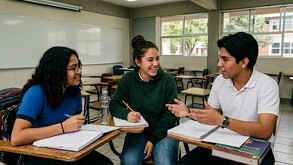 Se observa a 3 jóvenes que están sentados en butacas dentro de un salón de clases, al fondo hay un pizarrón blanco.