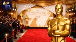 Imagen generada con IA (Sora) de la alfombra roja de los Premios Oscar 2026. Se pueden ver fotógrafos y en primer plano se observa la estatuilla de los premios