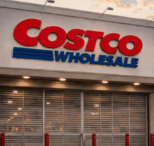 Clientes esperan frente a la entrada cerrada de una tienda Costco con un carrito de compras.