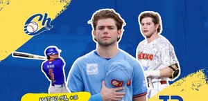 Un gráfico de Mateo Gil con los Charros de Jalisco, mostrándolo al bate, en pose oficial con la gorra al pecho y en primer plano con el uniforme.