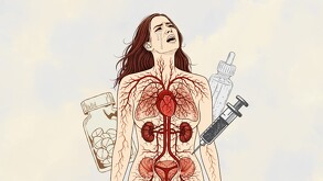 mujer con rostro de dolor sobre un fondo amarillo, medicinas y jeringas