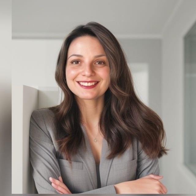 Mujer con traje gris sonriendo.